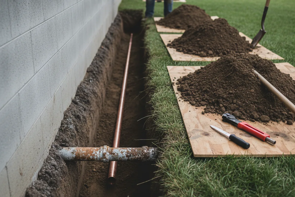 Excavated water line trench during Water Softener Installation in Provincetown
